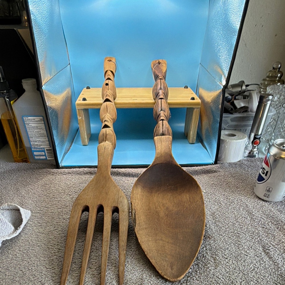 Antique Carved Brown Wooden Fork & Spoon Set, 2-Piece Original. 28 inches